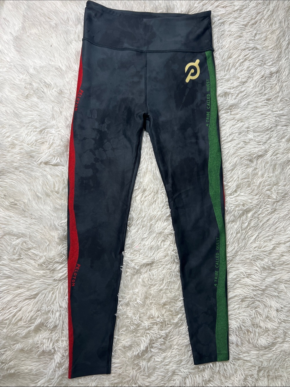 Peloton Black Leggings size L with Red & Green Side Panels and Gold Logo